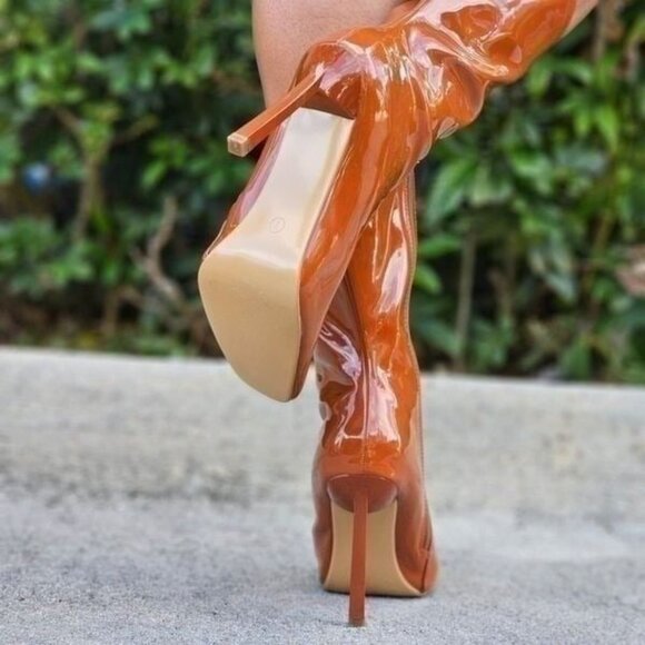 Women Mid Calf Square Toe Heel Boot Tan Color - Picture 6 of 6